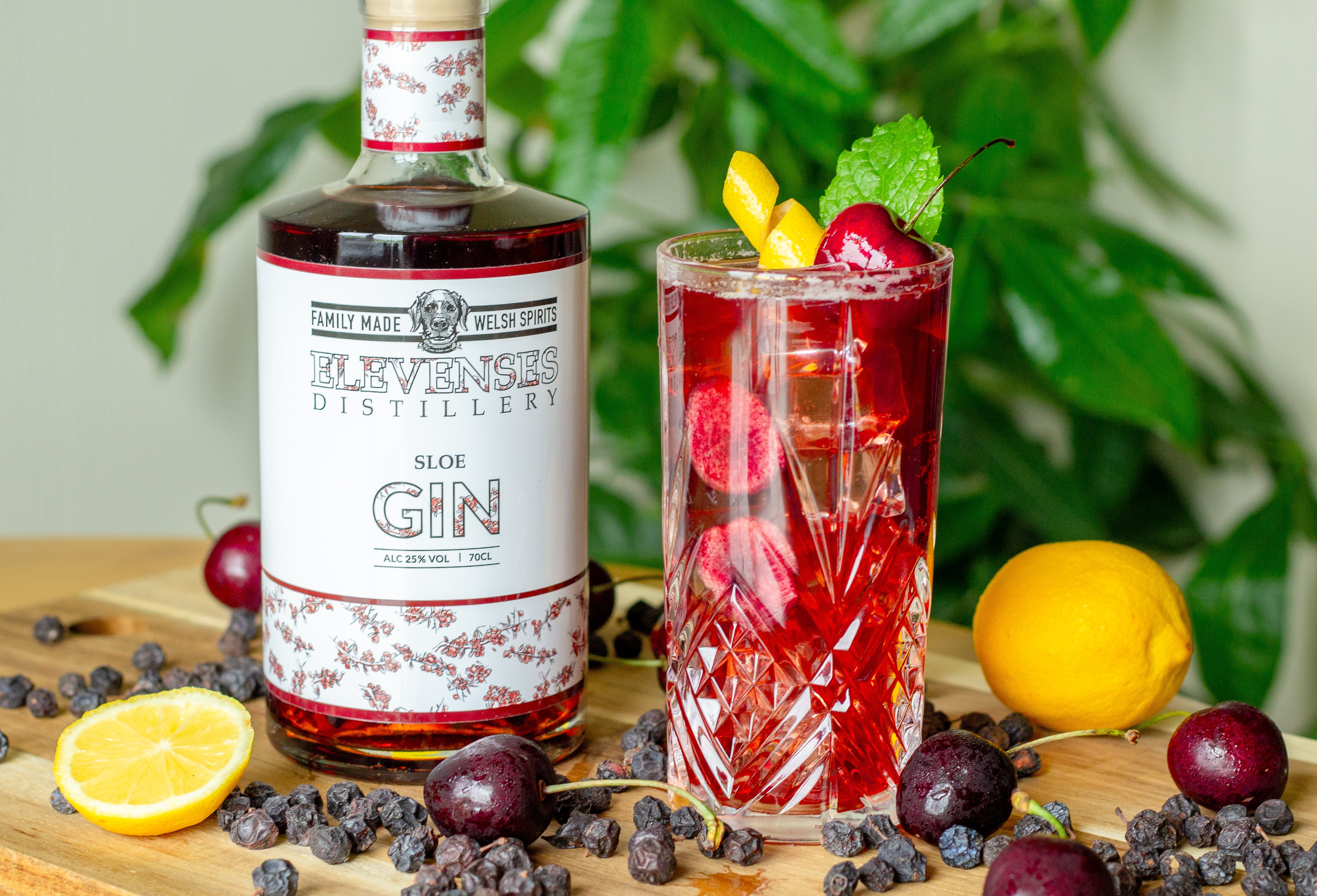 A bottle of Elevenses Sloe Gin alongside a refreshing cocktail